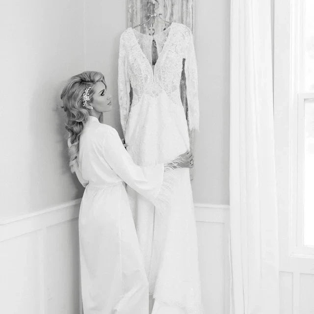 Bride Robe with Feather Sleeves – Long Sheer Lace Wedding Gown