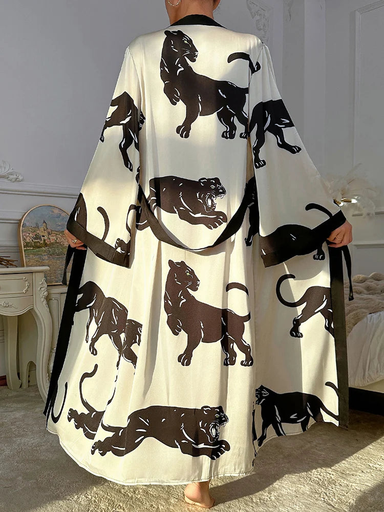 Animal Print Satin Bathrobe – Long Sleeve Nightwear for Women
