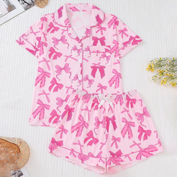Bow Print Pajama Set for Women, Short-Sleeved Top & Loose Shorts