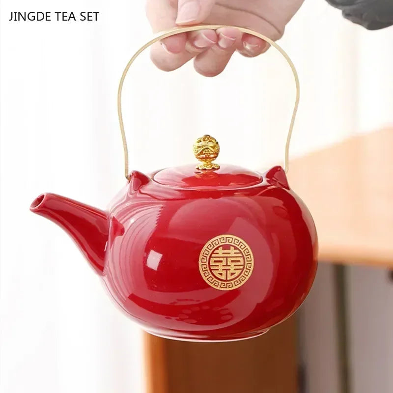 Red Ceramic Tea Set – Handmade Chinese Wedding Tea Pot & Cups