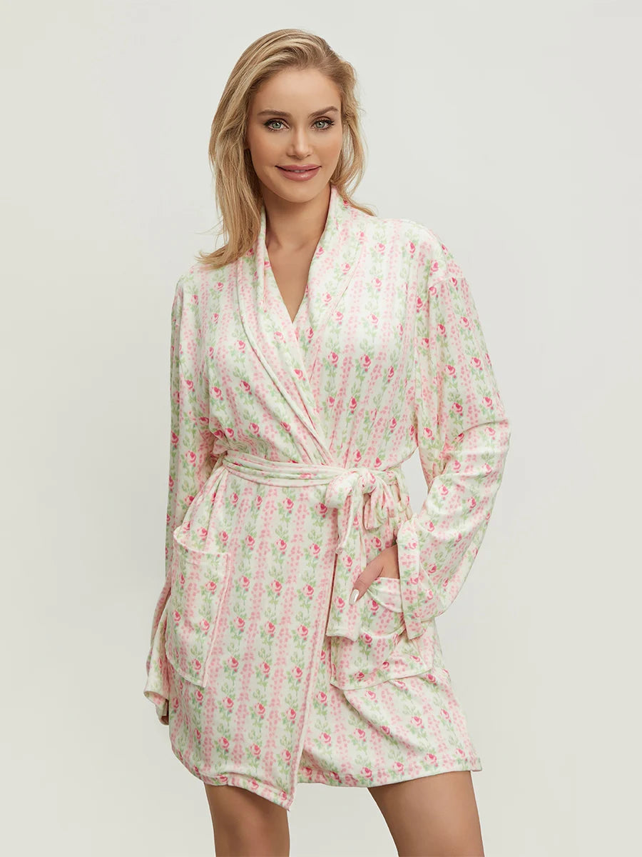 Elegant Floral Print Belted Robe – Long Sleeve Nightwear for Women