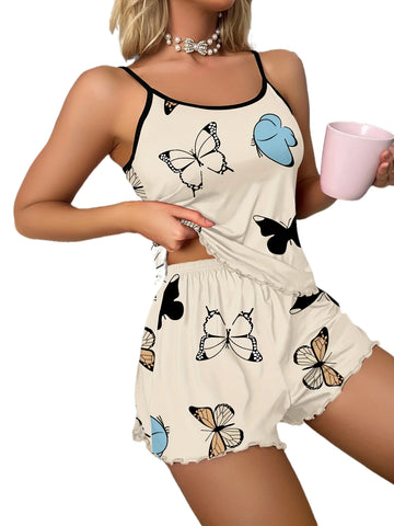 Butterfly Print Pajama Set, Cami Top & Elastic Waist Shorts for Women