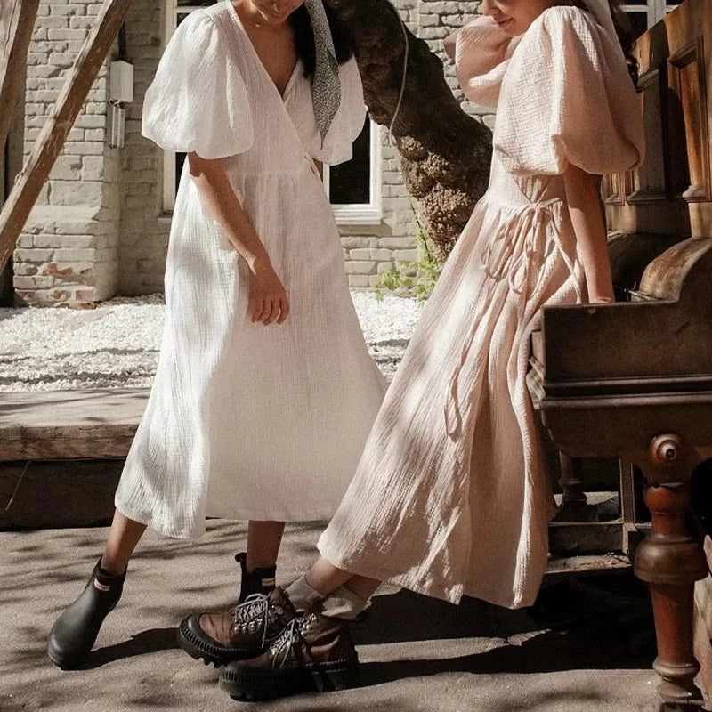 Women's Vintage V-Neck Puff Sleeve Lace-Up Maxi Dress in Elegant White