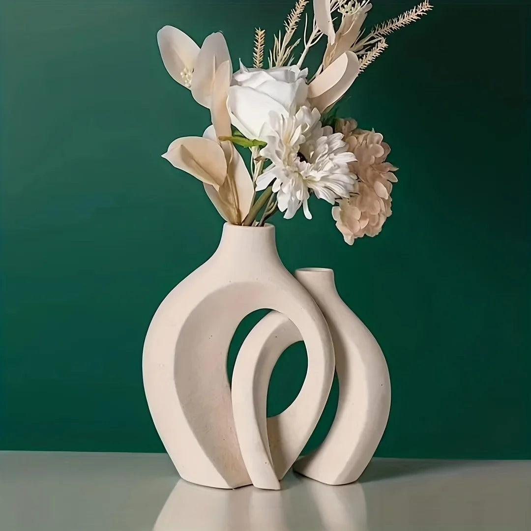 Nordic Modern Ceramic Vase Set of 2 – Boho Style Flower Vases for Living Room Decor