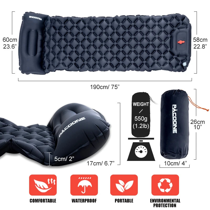Ultralight Inflatable Camping Sleeping Pad with Pillows & Built-in Pump