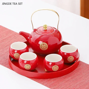Red Ceramic Tea Set – Handmade Chinese Wedding Tea Pot & Cups