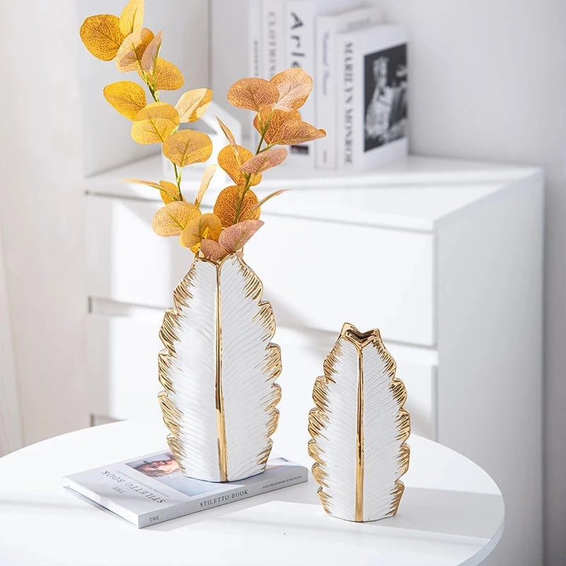 2Pcs Nordic Black Gold Ceramic Leaf Vases – Modern TV Cabinet Decor
