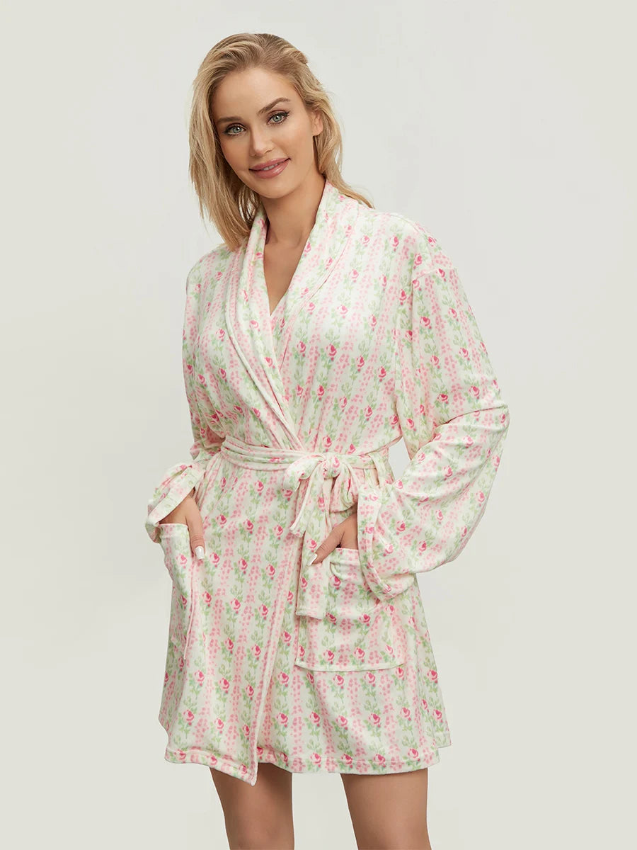 Elegant Floral Print Belted Robe – Long Sleeve Nightwear for Women
