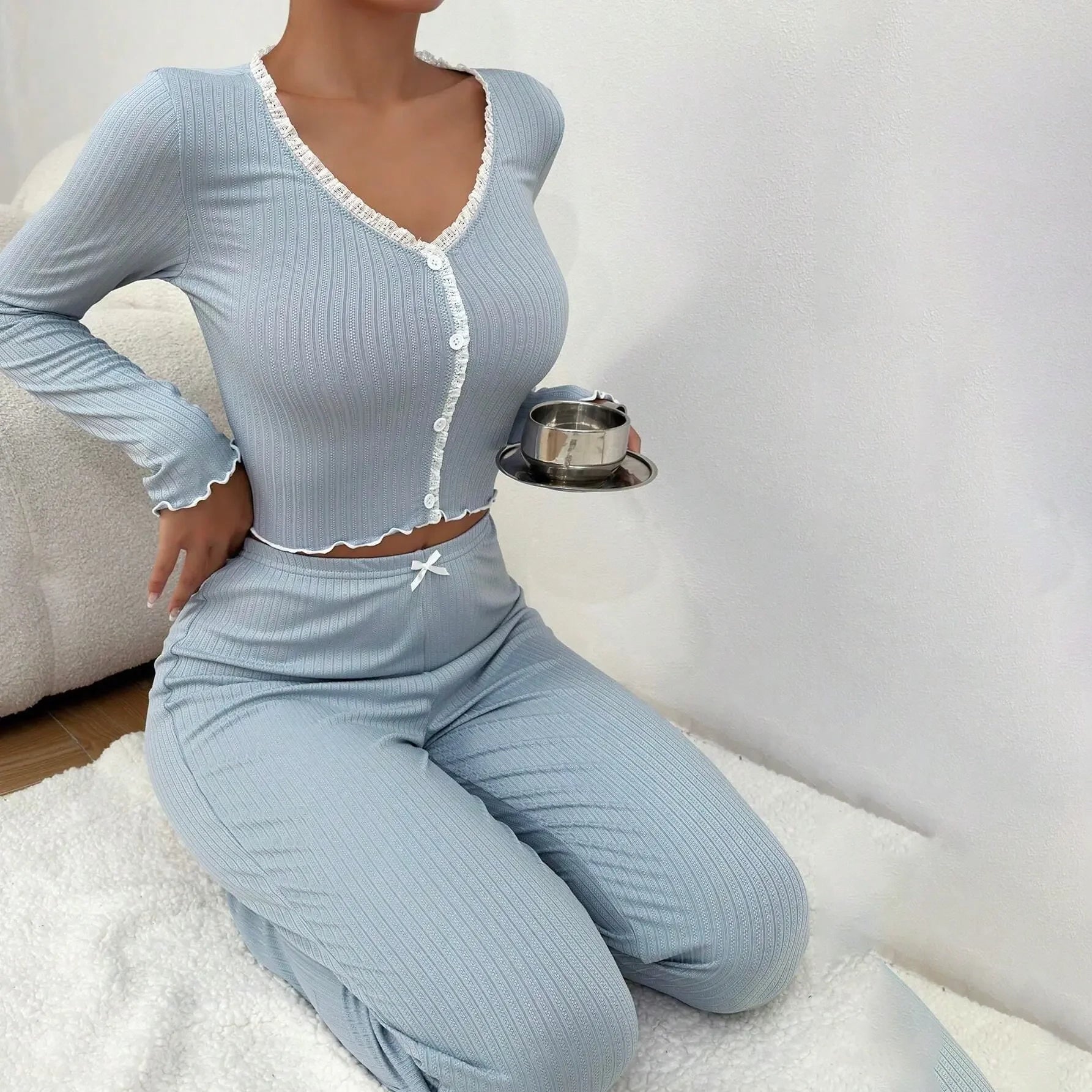 Lace Sleepwear Set with Long Sleeve Shirt & Trousers